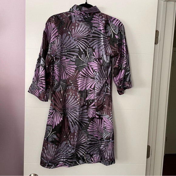BENETTON purple print dress—cool botanical print silky tunic medium women’s - Picture 5 of 7